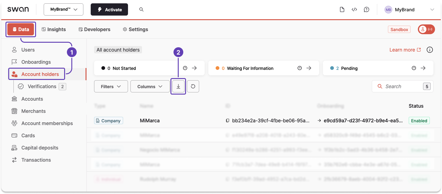 Screenshot of Swan Dashboard account holders page with a callout download icon to trigger an export