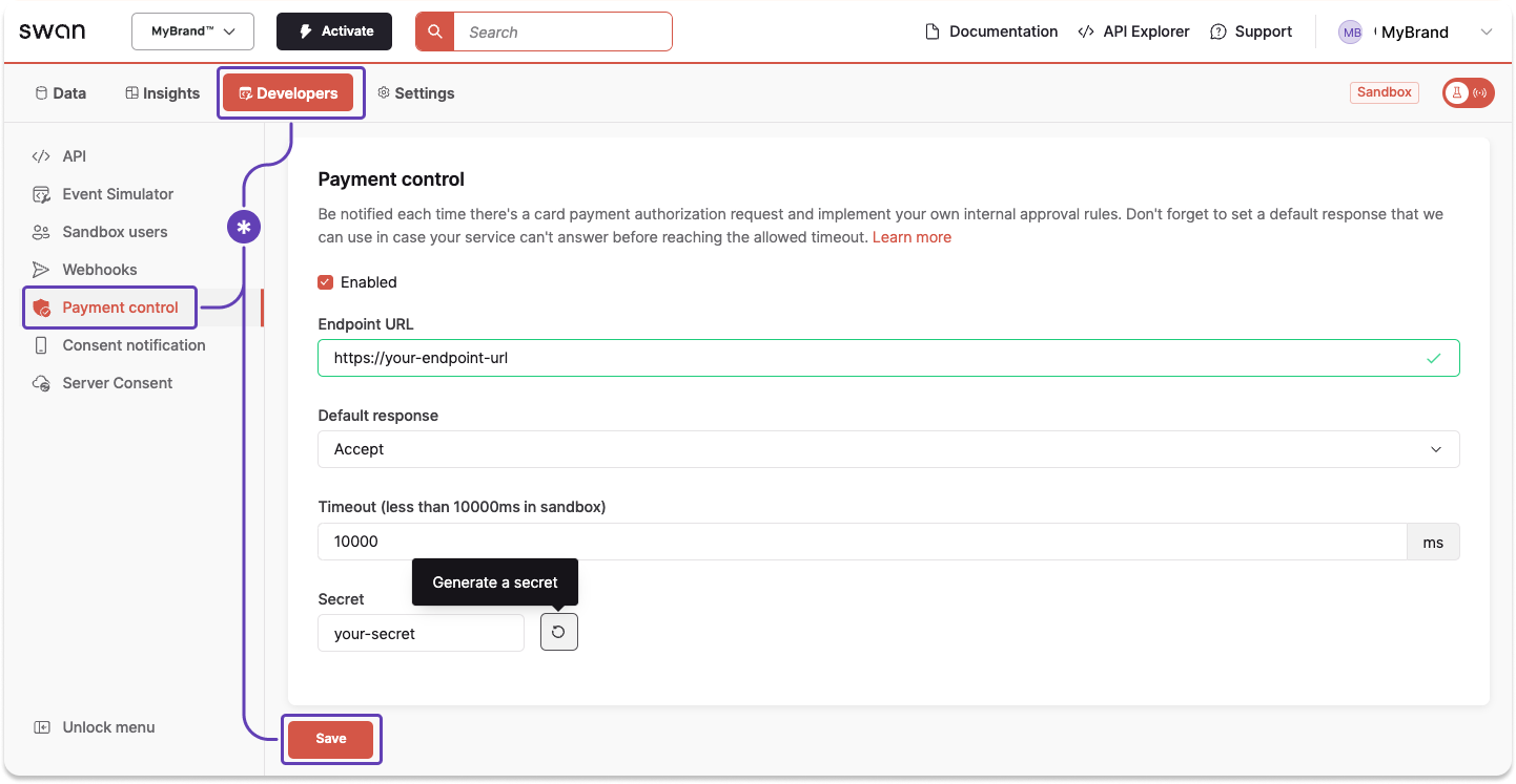 Screenshot of payment control Dashboard